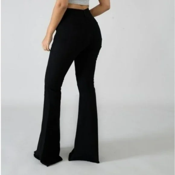 Flare leg Frayed hem Bell Bottom High waisted stretch denim Jeans 5 pocket soft - Picture 5 of 12